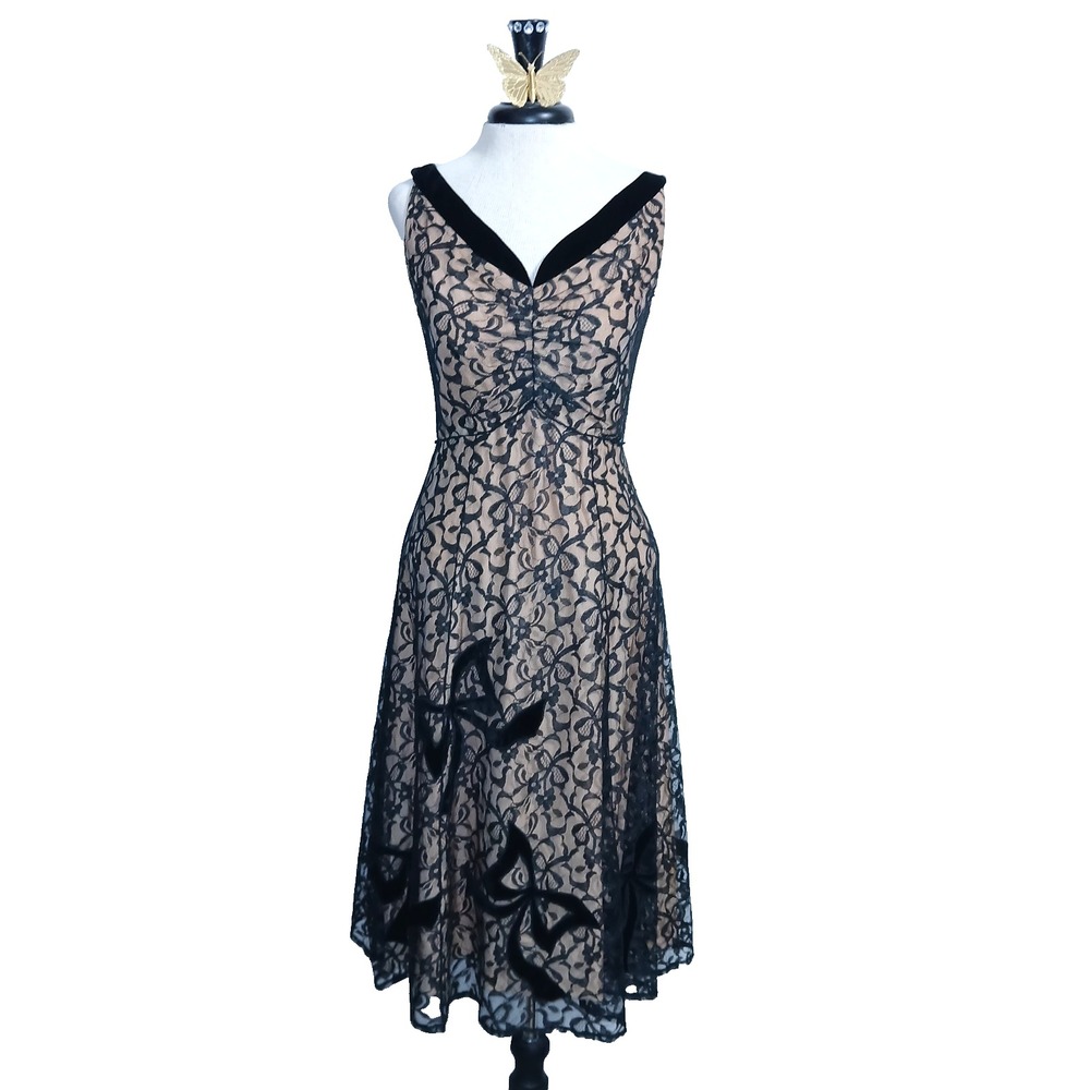David Meister Silk Women Cocktail Dress 2 Black Gold Floral Bow Holiday Party